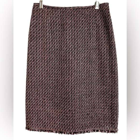 Women’s Pink Black White Tweed Pencil Skirt Velvet Fringe Trim Size 2 - Picture 1 of 11